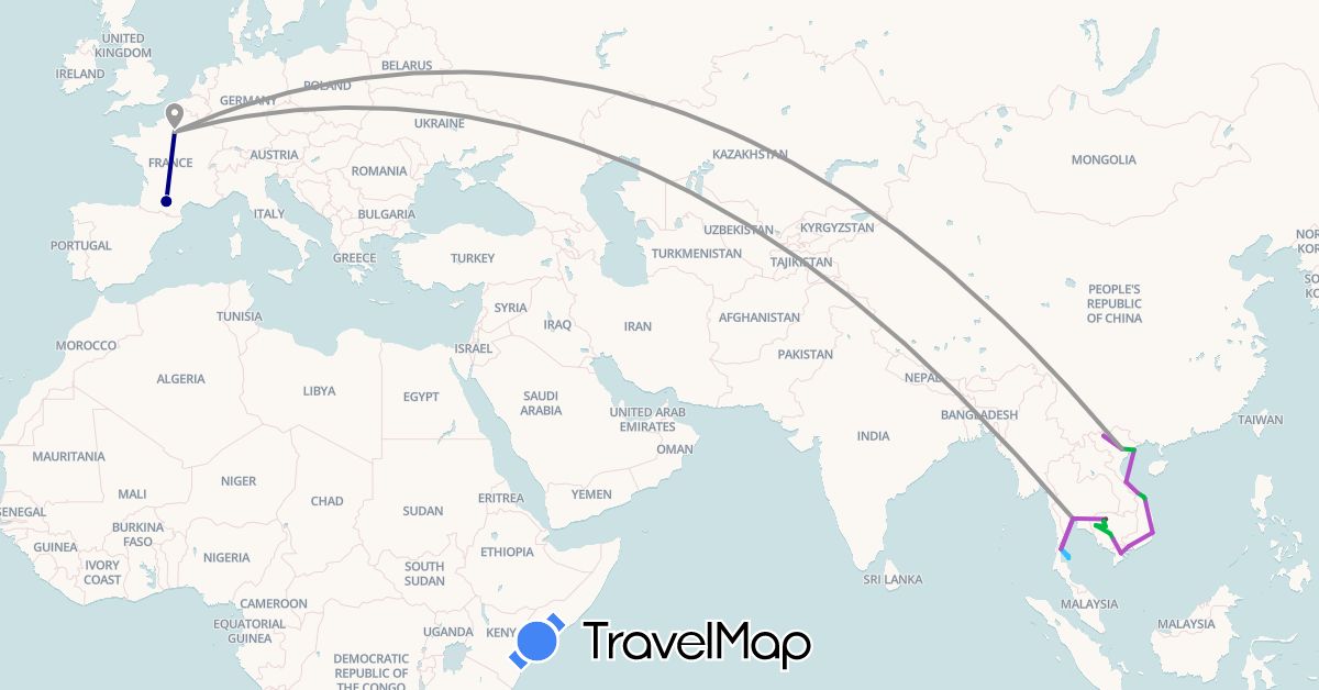 TravelMap itinerary: driving, bus, plane, train, boat, motorbike in France, Cambodia, Thailand, Vietnam (Asia, Europe)